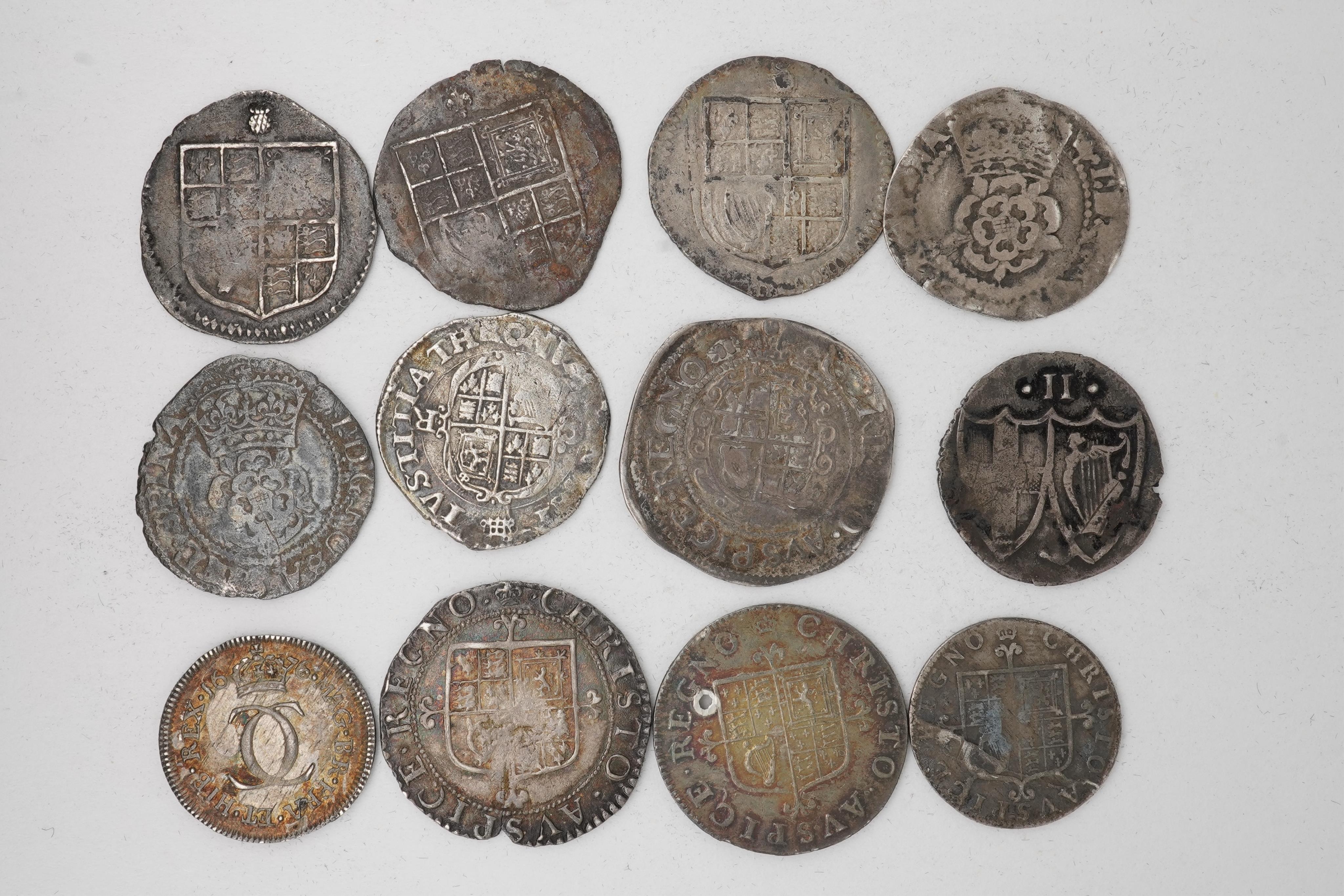 Twelve British silver hammered coins, House of Stuart and Commonwealth, James I (1603-1625), two halfgroats, S. 2649, mm. Thistle, and mm. Lys, both 0.92g, contemporary counterfeit James I halfgroat, 1g, two halfgroats,